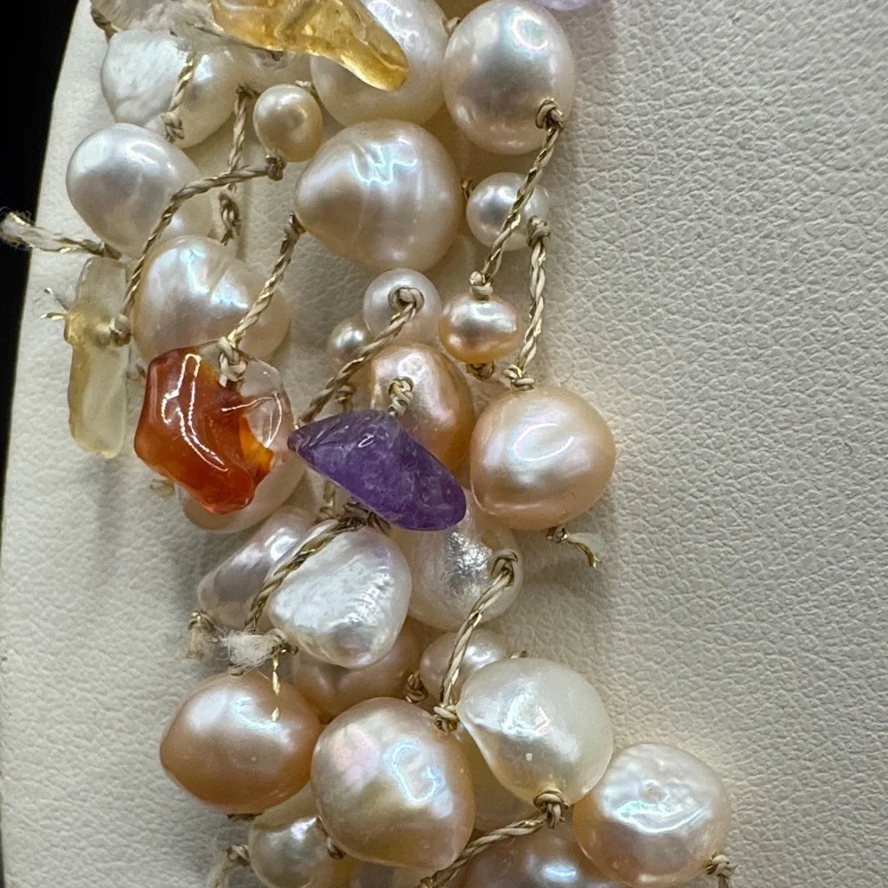 Vintage Light Pink Dangle Pearl Amethyst  Quartz necklace 925 Sterling Layered